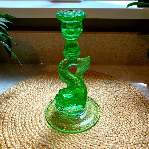 Tiffin? Other - VTG Depression Era Green Glass "Dolphin" (Fish) Candlestick Candle Holder